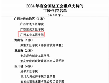 喜报:广西工业工匠学院入选2024年度全国总工会重点支持的工匠学院